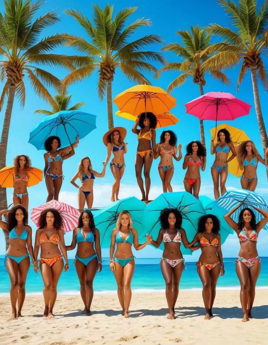 A vibrant beach scene showcasing a diverse group of women modeling stylish bikinis and thong styles, surrounded by palm trees and turquoise waves. The women display various body types and skin tones, radiating confidence and joy. Include a bright sun and colorful beach umbrellas in the background, evoking a warm, summery atmosphere. super-realistic. vibrant colors. beach setting.