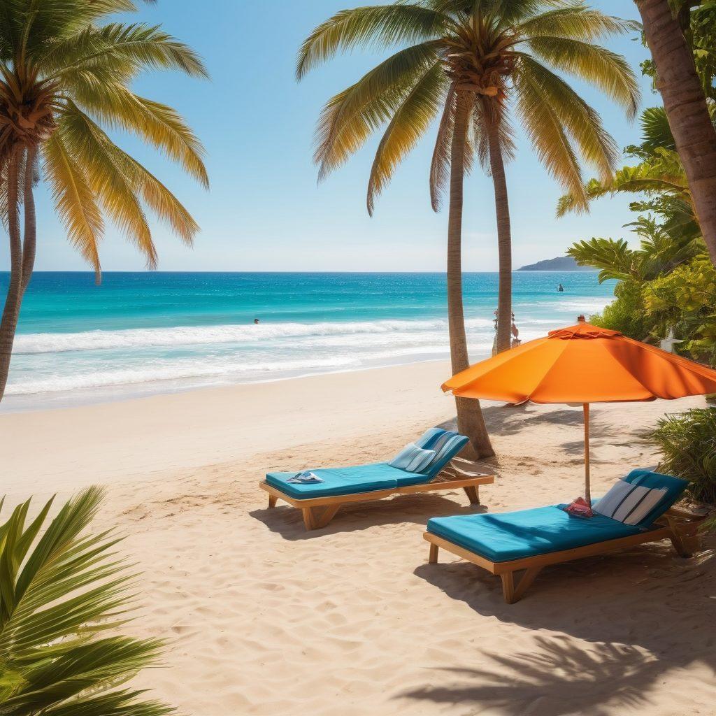 A vibrant beach scene showcasing diverse individuals confidently wearing stylish thong swimwear and trendy bikinis, with colorful beach umbrellas and sunbathers in the background. Emphasize a sunny, lively atmosphere, featuring tropical plants and sparkling ocean waves. Integrate elements of fashion such as oversized sunglasses and chic beach accessories. playful colors, summer vibes, super-realistic.